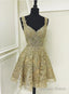 Cute Gold Lace V Neck Short Prom Dress, Homecoming Dresses