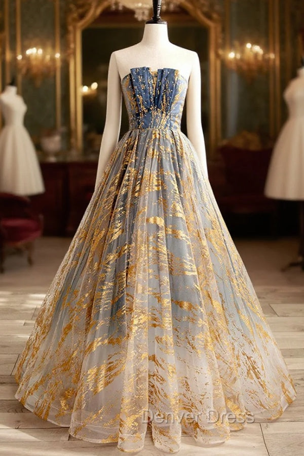 Cute Gradient Tulle Long Formal Dresses, A-Line Strapless Prom Dresses Evening Dresses