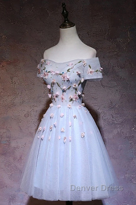 Cute Gray Blue Tulle Short Prom Dress, Off The Shoulder Homecoming Dresses Secondary image