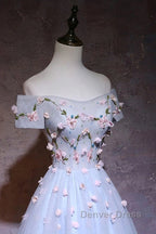 Cute Gray Blue Tulle Short Prom Dress, Off The Shoulder Homecoming Dresses