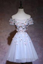 Cute Gray Blue Tulle Short Prom Dress, Off The Shoulder Homecoming Dresses