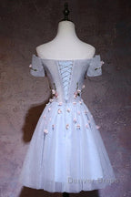 Cute Gray Blue Tulle Short Prom Dress, Off The Shoulder Homecoming Dresses