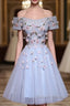 Cute Gray Blue Tulle Short Prom Dress, Off The Shoulder Homecoming Dresses