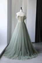 Cute Gray Green Tulle Long Prom Dress