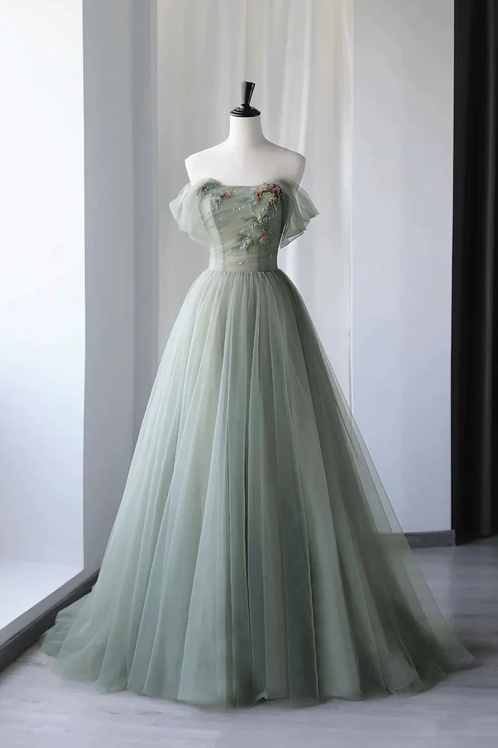Cute Gray Green Tulle Long Prom Dress Main image