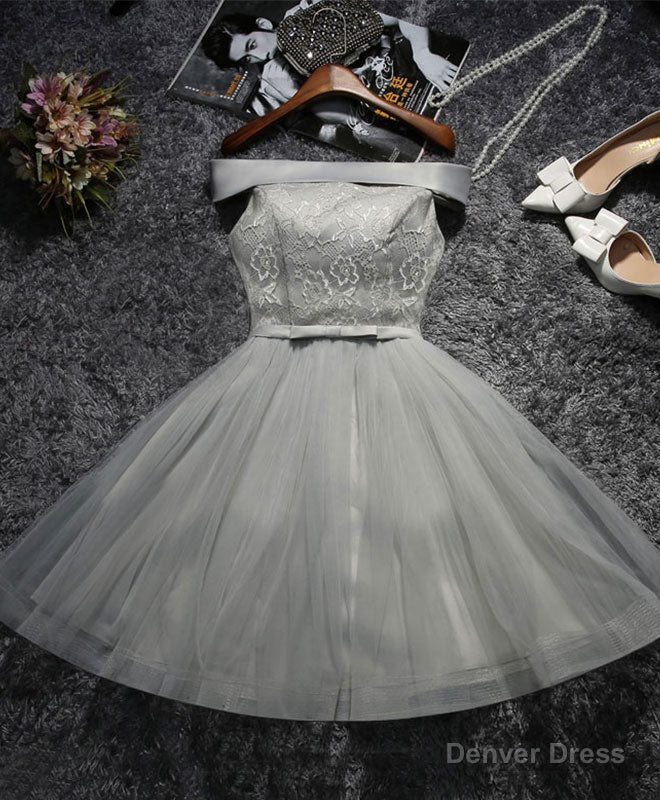 Cute Gray Lace Tulle Short Prom Dress, Gray Homecoming Dress