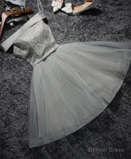 Cute Gray Lace Tulle Short Prom Dress, Gray Homecoming Dresses