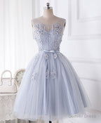 Cute Gray Round Neck  Lace Tulle Short Prom Dress, Homecoming Dress