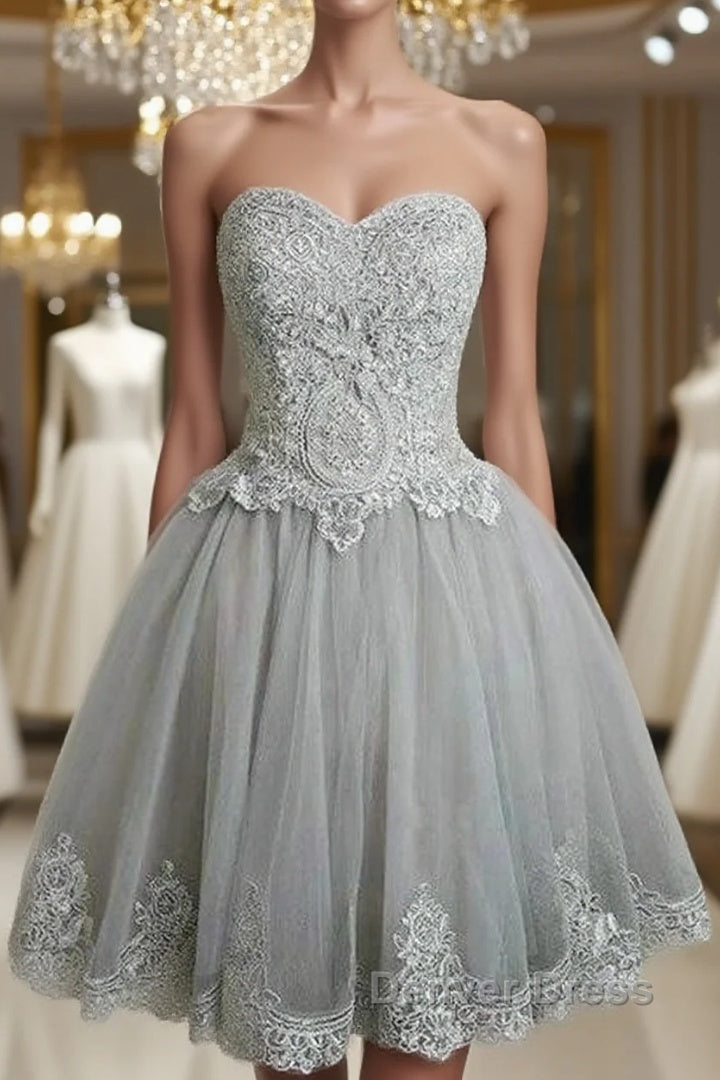 Cute Gray Tulle Lace Short Prom Dresses, Gray Homecoming Dresses