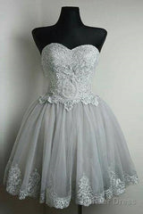 Cute Gray Tulle Lace Short Prom Dress, Gray Homecoming Dress