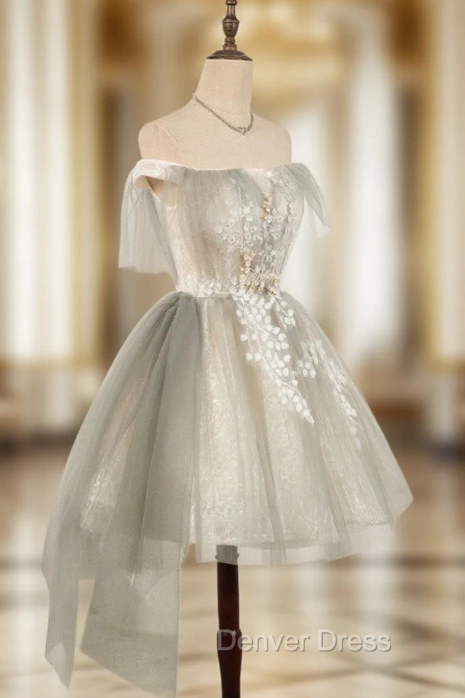 Cute Gray Tulle Lace Short Prom Dresses, Gray Tulle Puffy Homecoming Dresses Main image