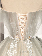 Cute Gray Tulle Lace Short Prom Dresses, Gray Tulle Puffy Homecoming Dresses