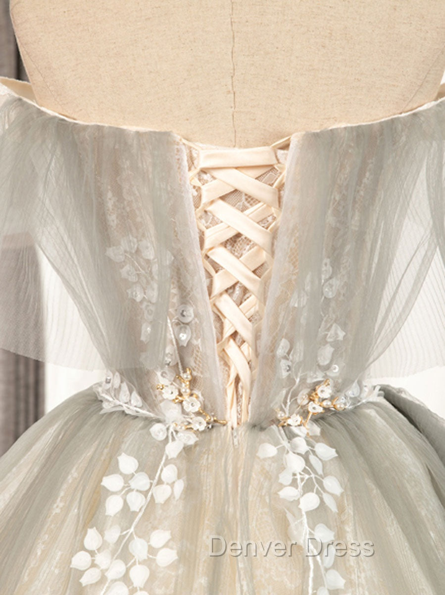 Cute Gray Tulle Lace Short Prom Dresses, Gray Tulle Puffy Homecoming Dresses