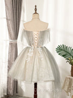 Cute Gray Tulle Lace Short Prom Dress, Gray Tulle Puffy Homecoming Dresses
