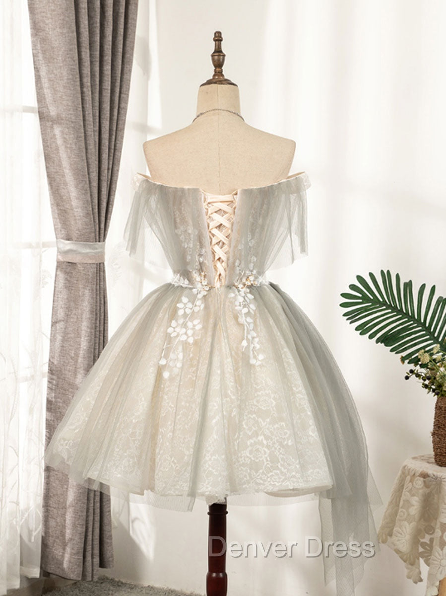 Cute Gray Tulle Lace Short Prom Dress, Gray Tulle Puffy Homecoming Dresses