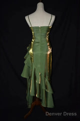 Cute Green Straps High Low Satin Chic Party Dress, Green Prom Dress Evening Dress