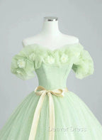 Cute Green Tulle Ball Gown Sweetheart Party Dresses, Green Shiny Tulle Prom Dresses