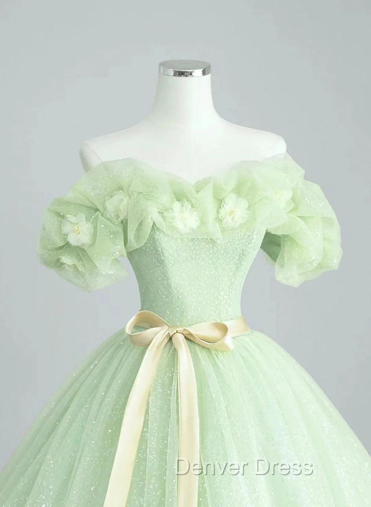 Cute Green Tulle Ball Gown Sweetheart Party Dresses, Green Shiny Tulle Prom Dresses