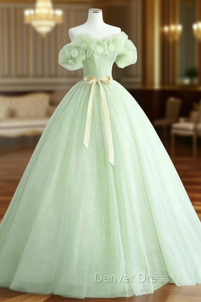 Cute Green Tulle Ball Gown Sweetheart Party Dresses, Green Shiny Tulle Prom Dresses Main image