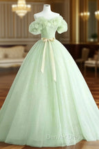 Cute Green Tulle Ball Gown Sweetheart Party Dresses, Green Shiny Tulle Prom Dresses