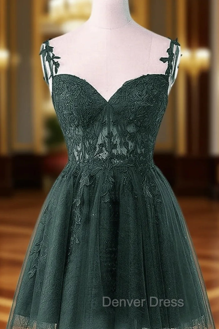 Cute Green Tulle Short Straps Sweetheart Homecoming Dresses, Green Short Prom Dresses Main image