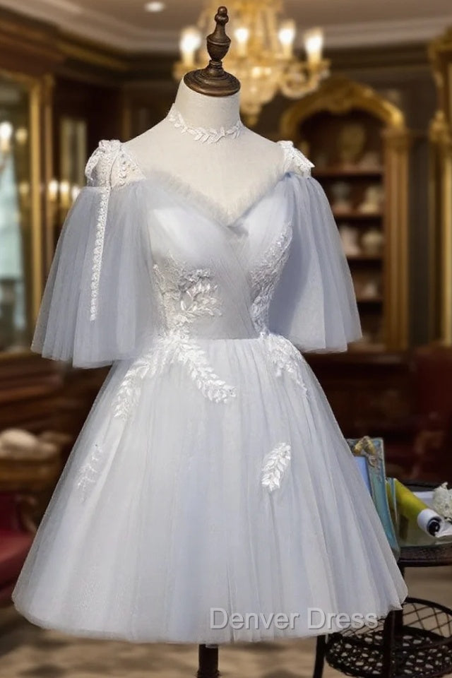 Cute Grey Tulle Straps Short Homecoming Dresses Grey Party Dresses, Tulle Bridesmaid Dresses Secondary image