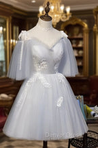 Cute Grey Tulle Straps Short Homecoming Dresses Grey Party Dresses, Tulle Bridesmaid Dresses