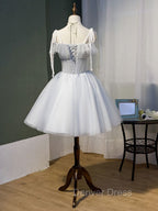 Cute Grey Tulle Straps Short Homecoming Dress Grey Prom Dress, Tulle Bridesmaid Dresses