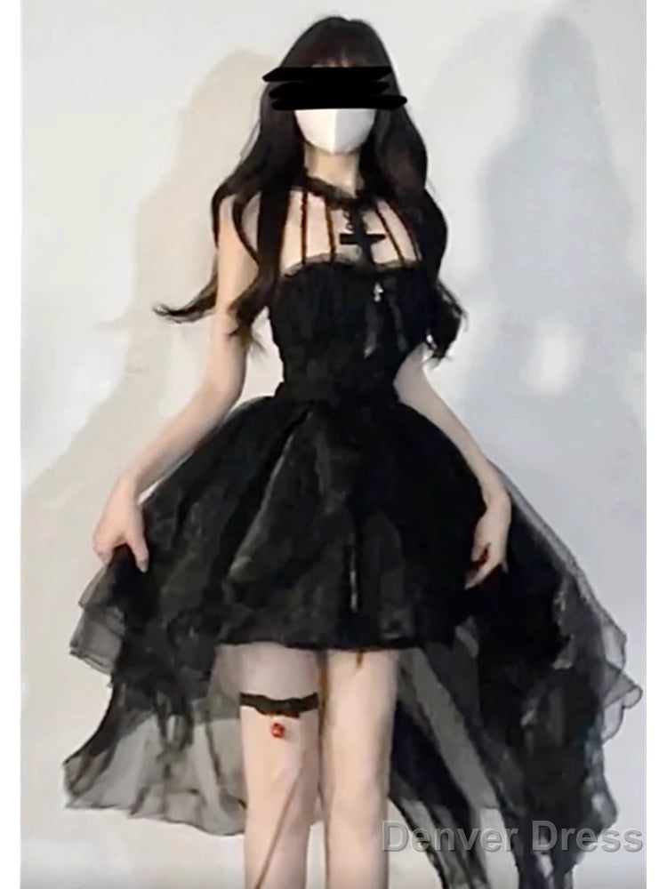 Cute High Low High Neckline Black Ruffles Prom Beach Dresses Birthday Outfits Secondary image