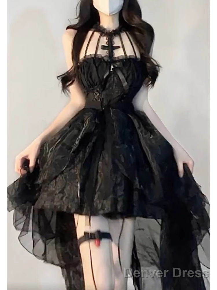 Cute High Low High Neckline Black Ruffles Party Beach Dresses Birthday Outfits