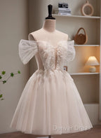 Cute Ivory Beaded Off Shoulder Short Prom Dress, Tulle Graduation Dress Prom Dresses