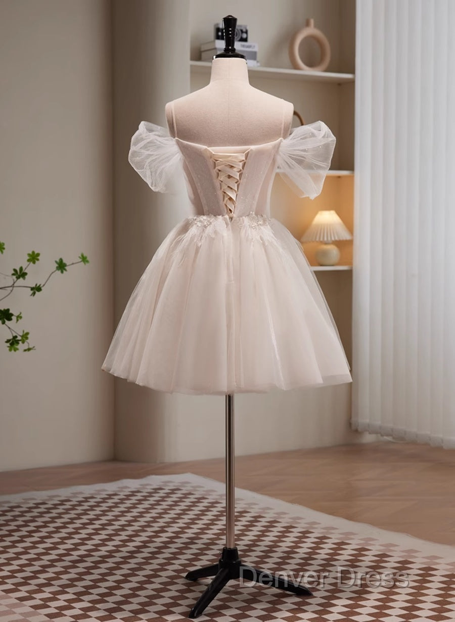 Cute Ivory Beaded Off Shoulder Short Prom Dress, Tulle Graduation Dress Prom Dresses