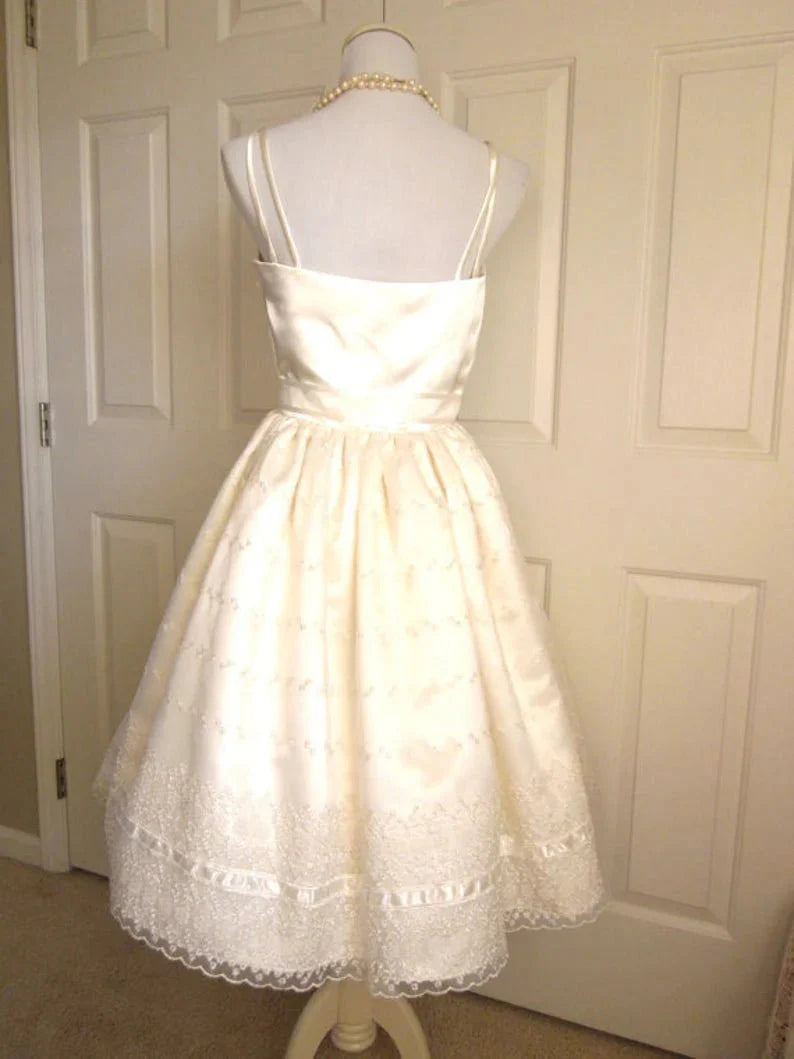 Cute Ivory Strappy Satin Lace Trim A-Line Birthday Dresses Homecoming Dresses