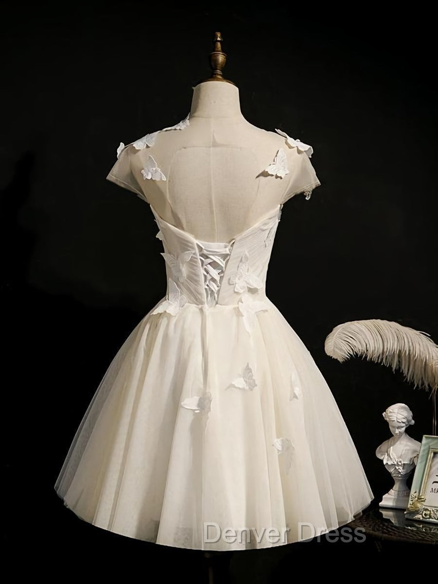 Cute Ivory Tulle Cap Sleeves Cute Homecoming Dress Graduation Dress, Short Prom Dresses