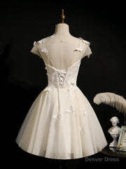 Cute Ivory Tulle Cap Sleeves Cute Homecoming Dress Graduation Dress, Short Prom Dress