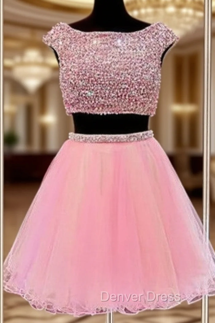 Cute Jewel Two Pieces Beading Pink Homecoming Dresses Main image
