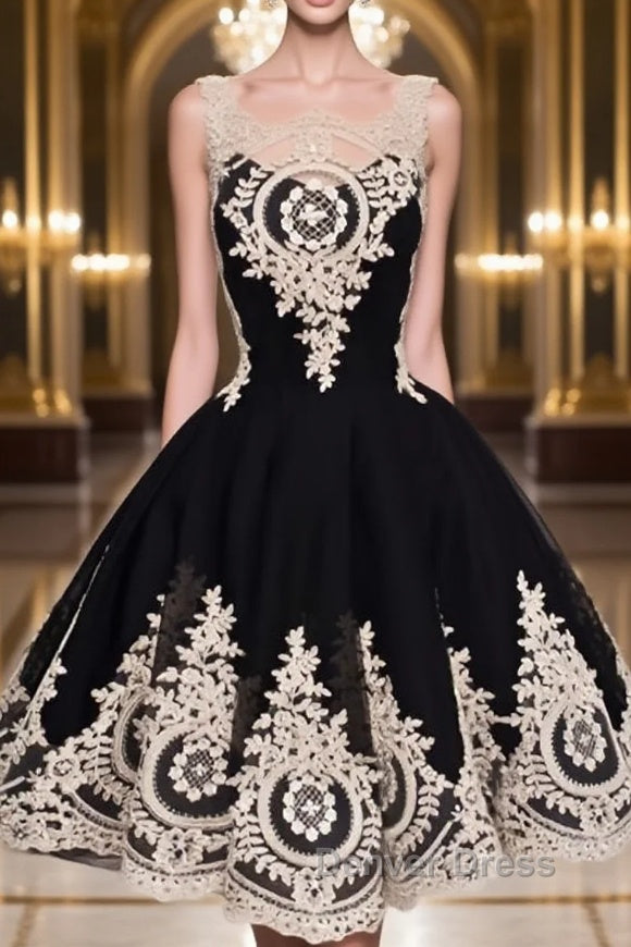 Cute Lace Applique Black Short Prom Dress, Lace Applique Homecoming Dresses Main image
