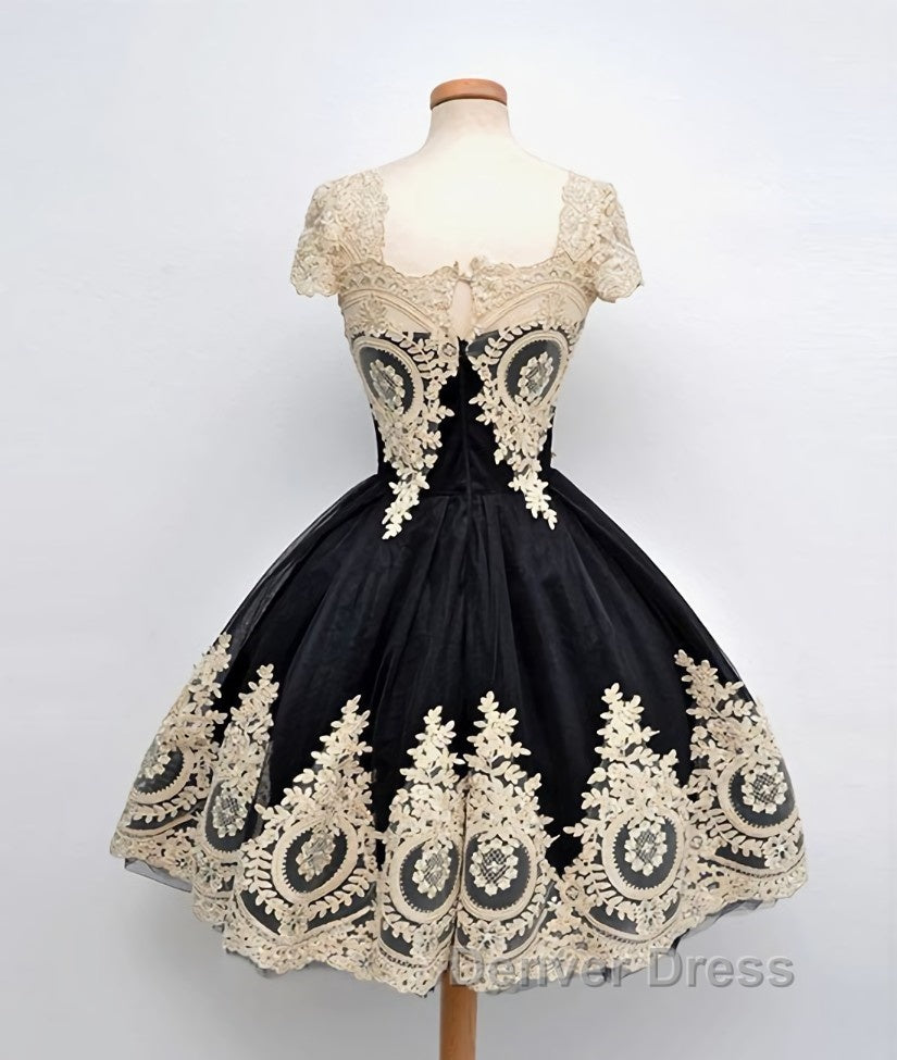 Cute Lace Applique Black Short Prom Dress, Lace Applique Homecoming Dresses