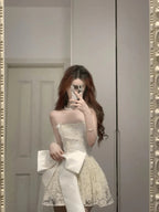 Cute Lace Pearl Bow Strapless A-Line Mini 17Th Birthday Homecoming Dresses