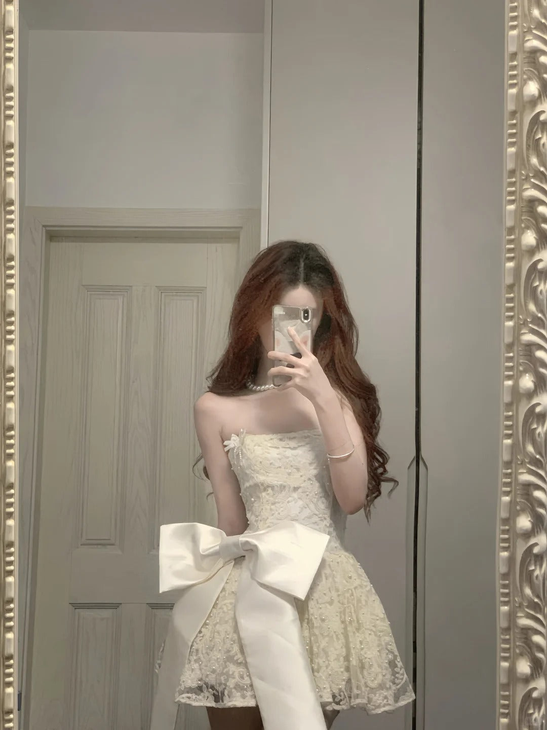 Cute Lace Pearl Bow Strapless A-Line Mini 17Th Birthday Homecoming Dresses
