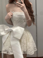Cute Lace Pearl Bow Strapless A-Line Mini 17Th Birthday Homecoming Dresses