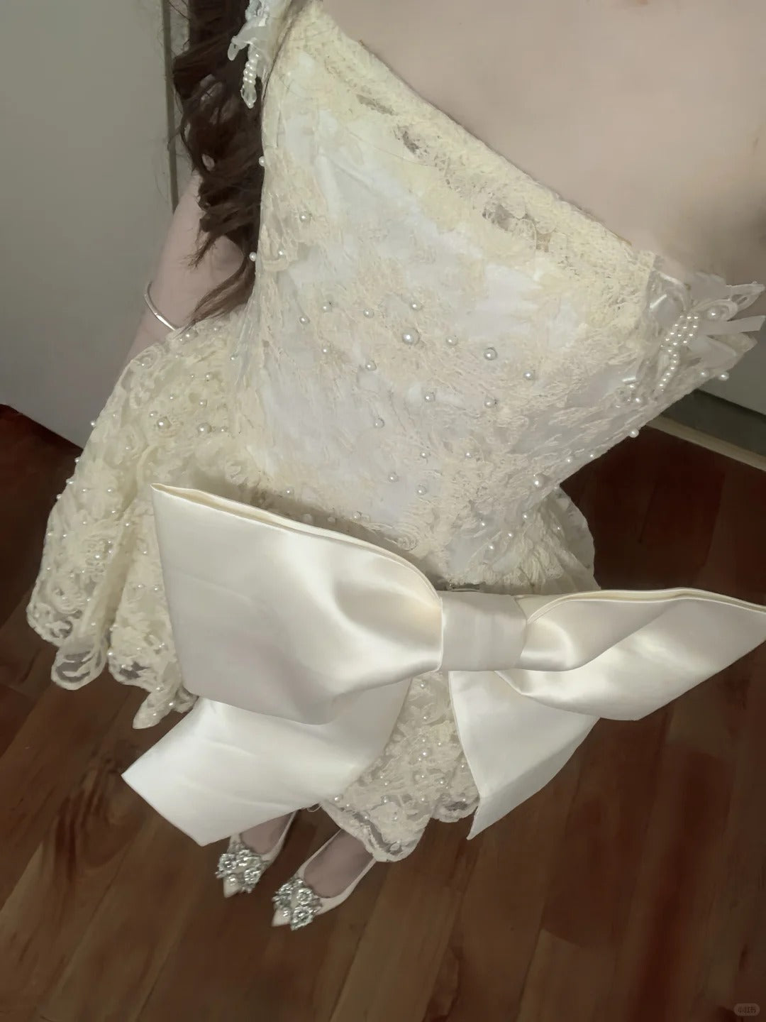 Cute Lace Pearl Bow Strapless A-Line Mini 17Th Birthday Homecoming Dresses