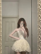 Cute Lace Pearl Bow Strapless A-Line Mini 17Th Birthday Homecoming Dresses