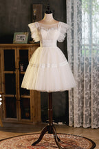 Cute Lace Short A-Line Prom Dresses, Champagne Mini Homecoming Party Dresses