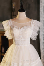 Cute Lace Short A-Line Prom Dresses, Champagne Mini Homecoming Party Dresses