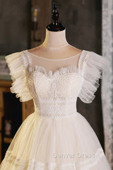 Cute Lace Short A-Line Prom Dresses, Champagne Mini Homecoming Party Dresses