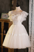 Cute Lace Short A-Line Prom Dresses, Champagne Mini Homecoming Party Dresses