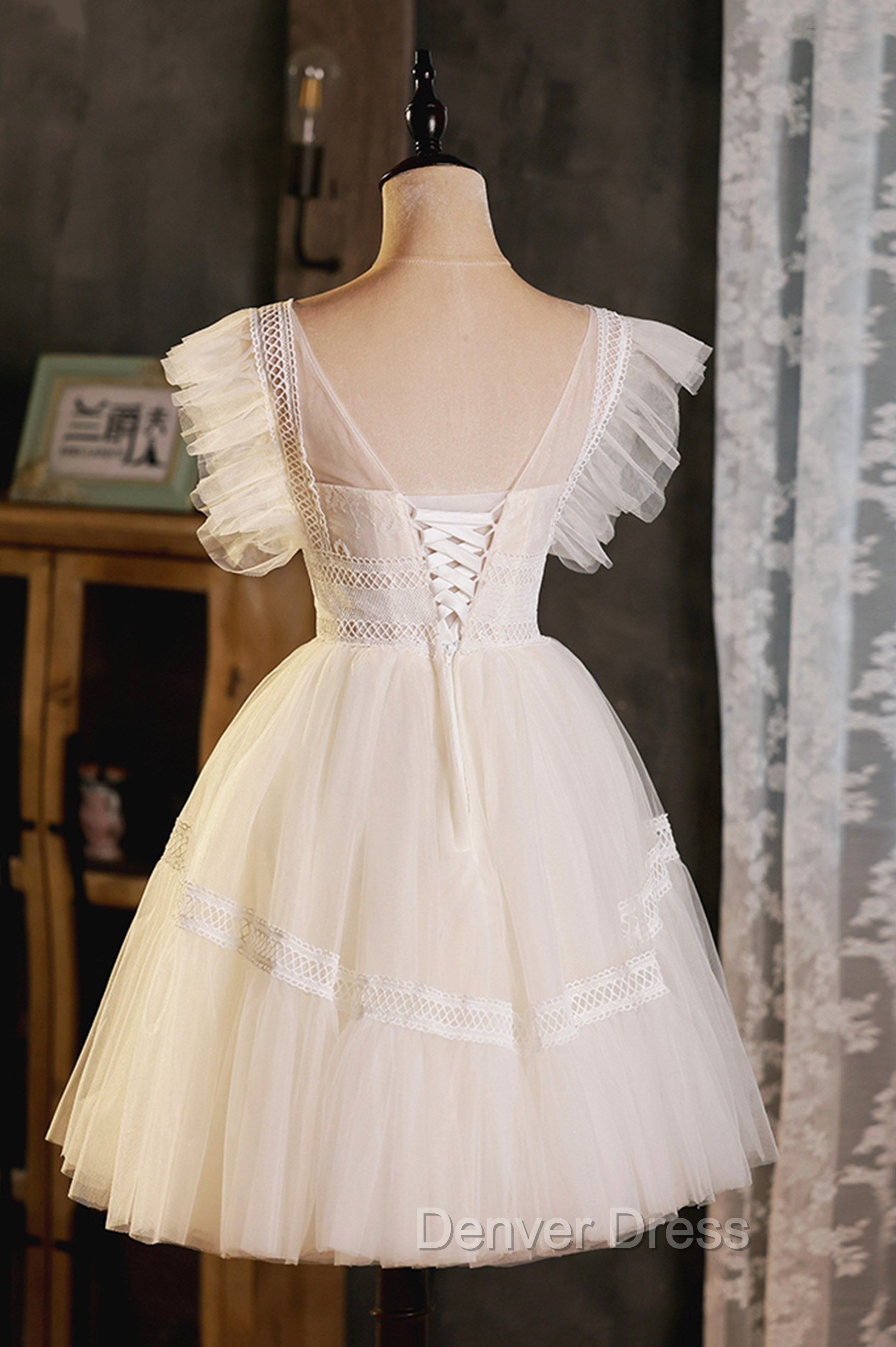 Cute Lace Short A Line Prom Dress, Champagne Mini Homecoming Prom Dresses