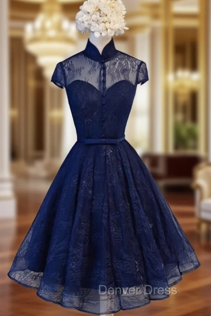 Cute Lace Short Cap Sleeves Homecoming Dress, Red Short Prom Dresses
