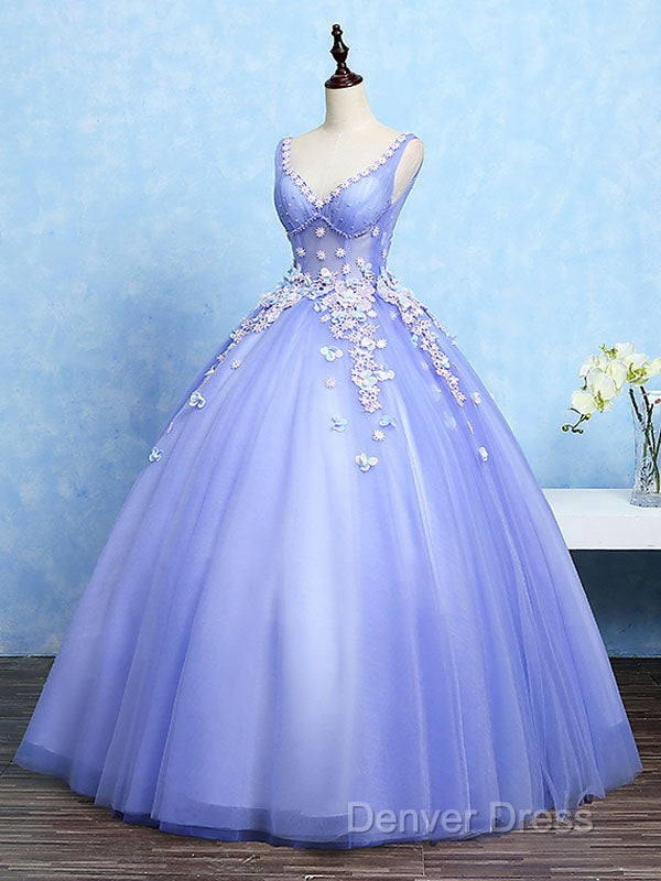 Cute Lavender Tulle Ball Gowns V Neckline Sweet 16 Dress, Light Purple Prom Dresses